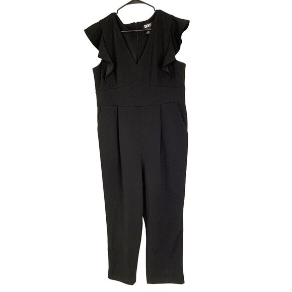 DKNY Black V-Neck Flutter Sleeve Crop Jumpsuit Size 16 RP10557 EUC Pockets - Picture 9 of 9